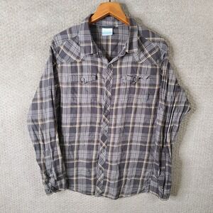 Columbia Shirt Mens Large Brown Plaid Flannel Button Down Cotton Pockets Outdoor
